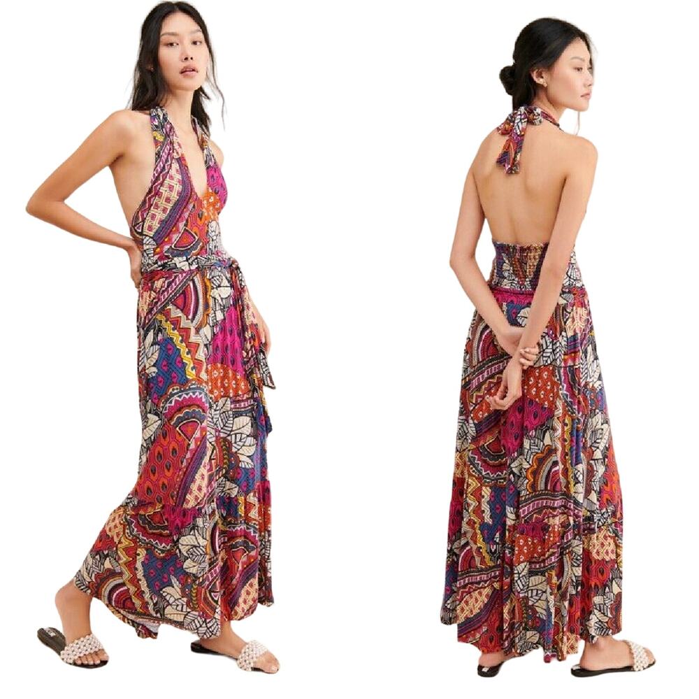 NEW Anthropologie Maeve Cynthia Halter Maxi Dress Small Pink Multi Geo Boho
